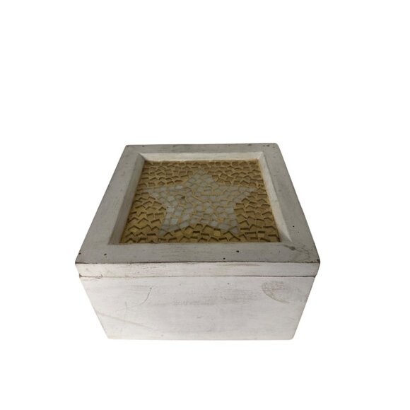 Vintage White Wooden Box With Gold & White Mosaic Star Design 8x8x5 - Picture 2 of 7